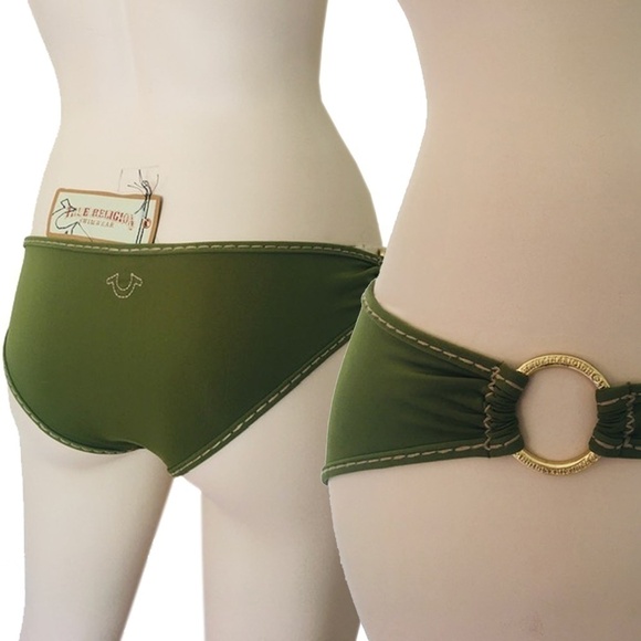 True RELIGION Bikini Bottom Super Ultra Low Rise Hipster Olive Green Metal Rings - Picture 2 of 11